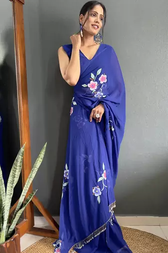 pre draped blue faux georgette hand printed saree
