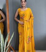 ready to wear mustard faux georgette designer hand printed saree