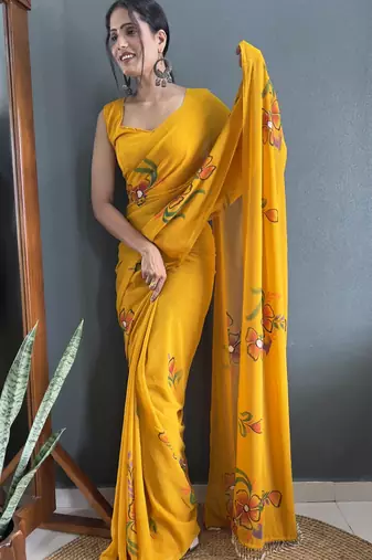 pre draped mustard faux georgette hand printed saree