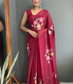 ready to wear maroon faux georgette hand printed saree