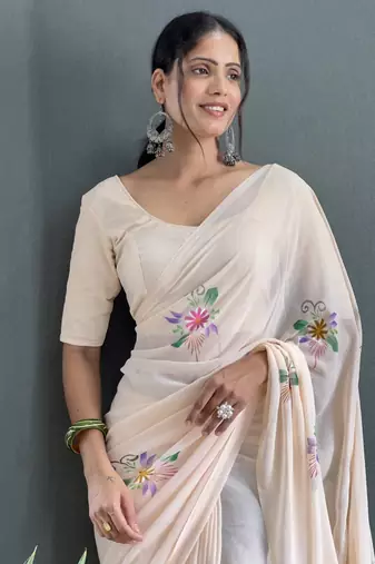 pre-stitched cream faux georgette hand printed saree