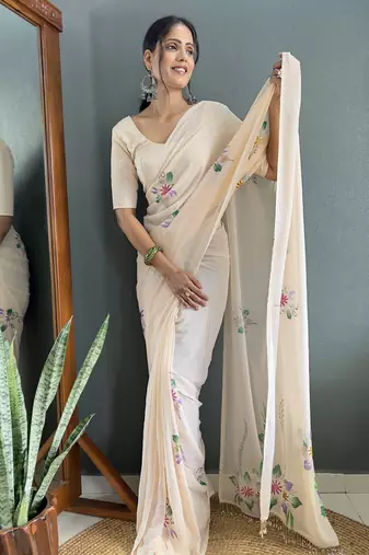 pre-stitched cream faux georgette hand printed saree