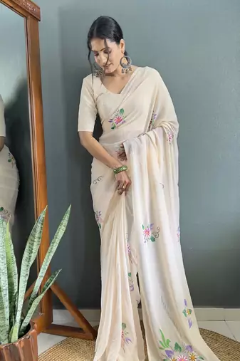pre-stitched cream faux georgette hand printed saree