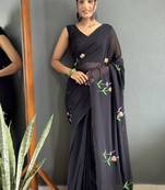 ready to wear black faux georgette hand printed saree
