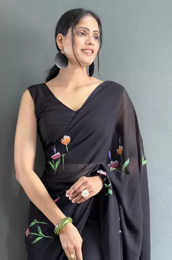 ready to wear black faux georgette hand printed saree