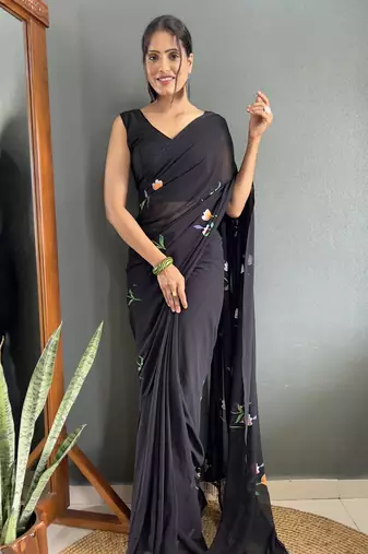 ready to wear black faux georgette hand printed saree