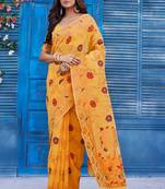 Mustard ethnic linen c graceful festive saree with wevon jacquard designer