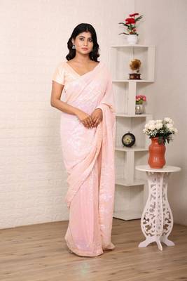 Pink georgette c glamorous Sequin embroidery work saree 1