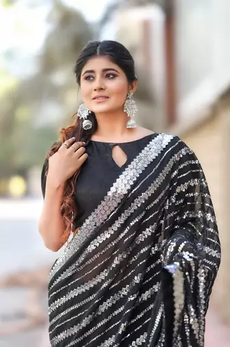 Black georgette c glamorous Sequin embroidery work saree