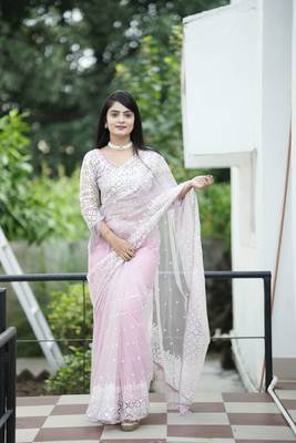 Grey pink soft net c glamorous Sequin embroidery work saree 1