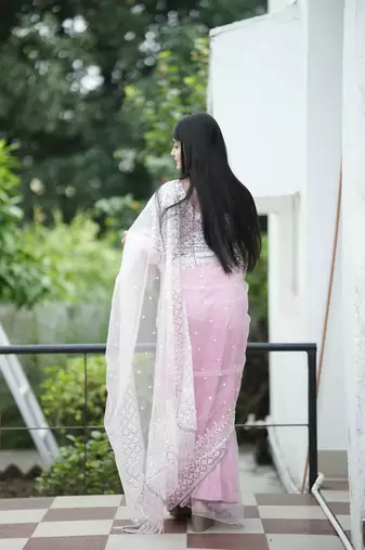 Grey pink soft net c glamorous Sequin embroidery work saree