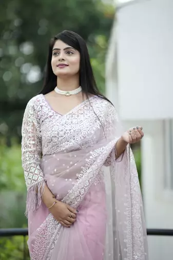 Grey pink soft net c glamorous Sequin embroidery work saree