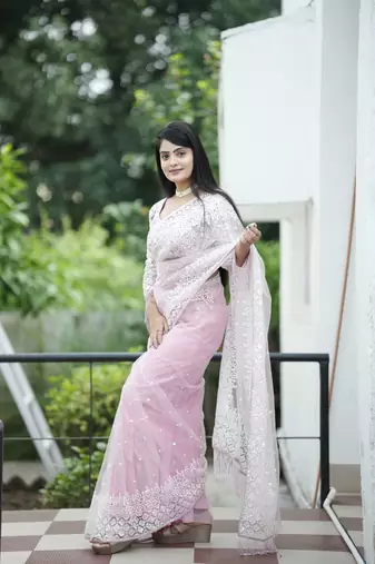 Grey pink soft net c glamorous Sequin embroidery work saree