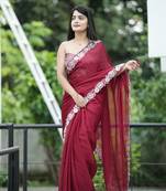 Maroon satin chiffon c glamorous sequance embroidery work saree