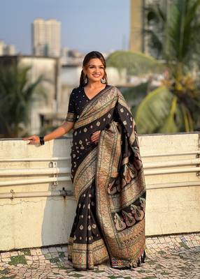 Graceful and ethnic black wevon kashmiri meenakari trendy partywear saree 1