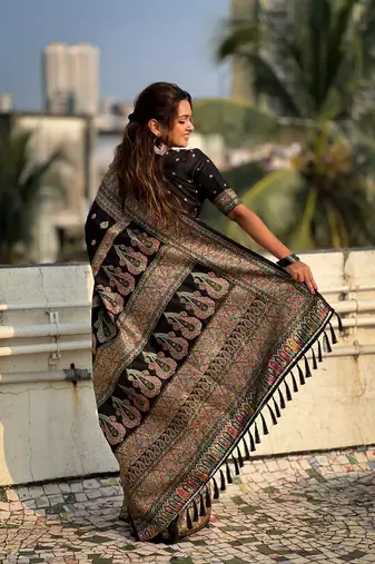 Graceful and ethnic black wevon kashmiri meenakari trendy partywear saree