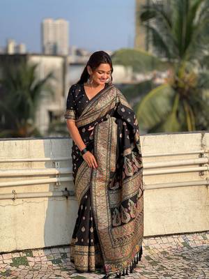 Graceful and ethnic black wevon kashmiri meenakari trendy partywear saree 4