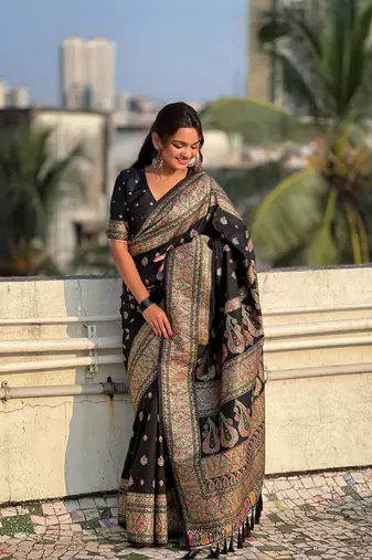 Graceful and ethnic black wevon kashmiri meenakari trendy partywear saree