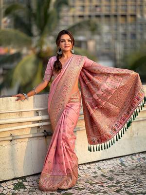 Graceful and ethnic pink wevon kashmiri meenakari trendy partywear saree 1