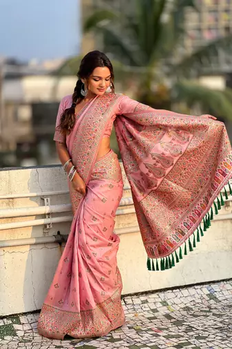 Graceful and ethnic pink wevon kashmiri meenakari trendy partywear saree