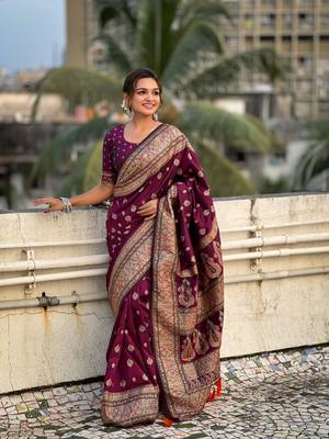 Graceful and ethnic magenta wevon kashmiri meenakari trendy partywear saree 1