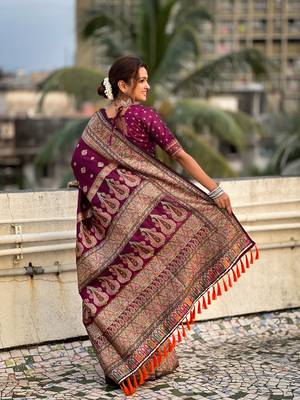 Graceful and ethnic magenta wevon kashmiri meenakari trendy partywear saree 2