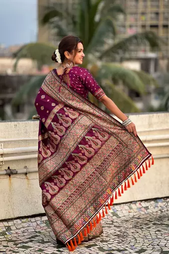 Graceful and ethnic magenta wevon kashmiri meenakari trendy partywear saree