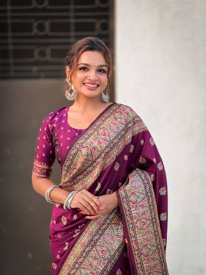 Graceful and ethnic magenta wevon kashmiri meenakari trendy partywear saree 3