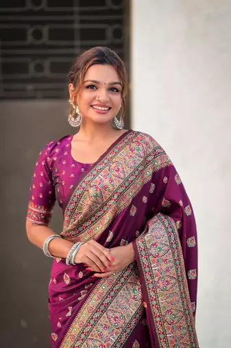 Graceful and ethnic magenta wevon kashmiri meenakari trendy partywear saree