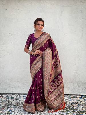 Graceful and ethnic magenta wevon kashmiri meenakari trendy partywear saree 4