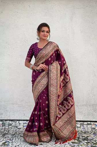 Graceful and ethnic magenta wevon kashmiri meenakari trendy partywear saree