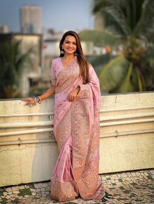 Graceful and ethnic pink wevon kashmiri meenakari trendy partywear saree 1