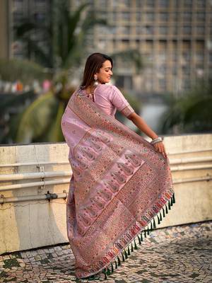 Graceful and ethnic pink wevon kashmiri meenakari trendy partywear saree 2