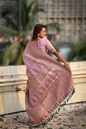 Graceful and ethnic pink wevon kashmiri meenakari trendy partywear saree