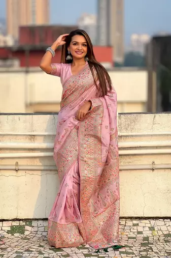 Graceful and ethnic pink wevon kashmiri meenakari trendy partywear saree