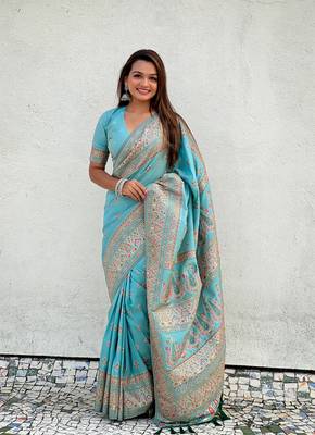 Graceful and ethnic blue wevon kashmiri meenakari trendy partywear saree 1