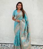 Graceful and ethnic blue wevon kashmiri meenakari designer trendy partywear saree