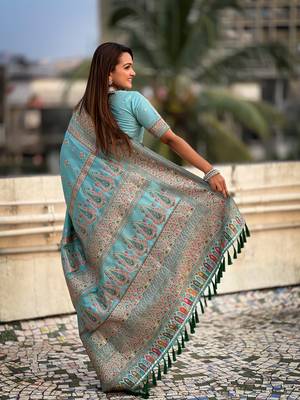Graceful and ethnic blue wevon kashmiri meenakari trendy partywear saree 2