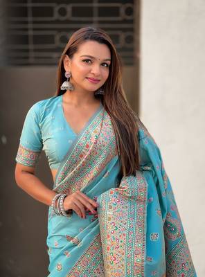 Graceful and ethnic blue wevon kashmiri meenakari trendy partywear saree 3