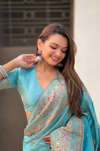 Graceful and ethnic blue wevon kashmiri meenakari trendy partywear saree