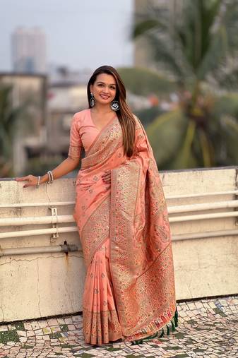 Graceful and ethnic peach wevon kashmiri meenakari designer trendy partywear saree