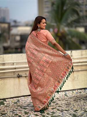 Graceful and ethnic peach wevon kashmiri meenakari trendy partywear saree 2