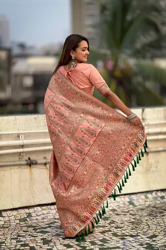 Graceful and ethnic peach wevon kashmiri meenakari trendy partywear saree