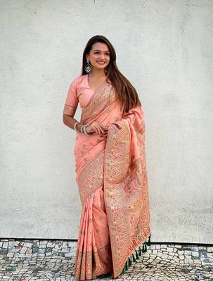 Graceful and ethnic peach wevon kashmiri meenakari trendy partywear saree 4
