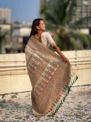 Graceful and ethnic wevon kashmiri meenakari trendy partywear saree 2