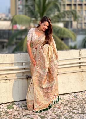 Graceful and ethnic wevon kashmiri meenakari trendy partywear saree 4