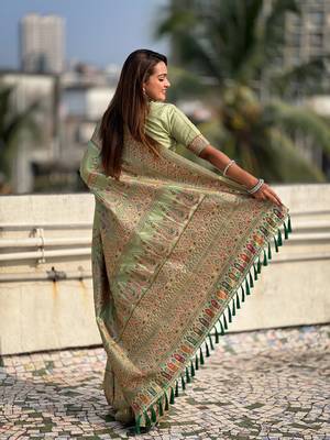 Graceful and ethnic pista wevon kashmiri meenakari trendy partywear saree 2