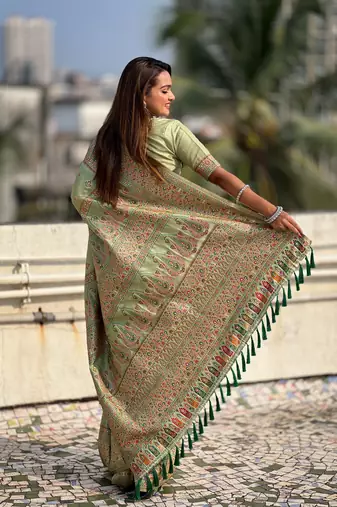 Graceful and ethnic pista wevon kashmiri meenakari trendy partywear saree