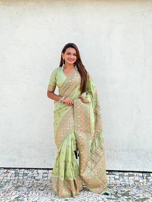 Graceful and ethnic pista wevon kashmiri meenakari trendy partywear saree 4