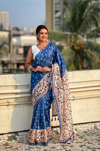 Blue katki silk graceful partywear saree with designer kalankari floral printed